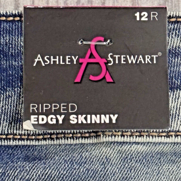 Ashley Stewart NWT Jeans Size 12 Ripped Edgy Skinny Medium Blue Wash Distressed - Picture 11 of 11